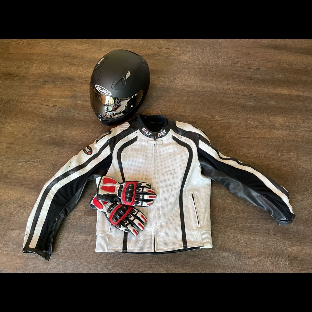Motorcycle Jacket, Gloves and Helmet